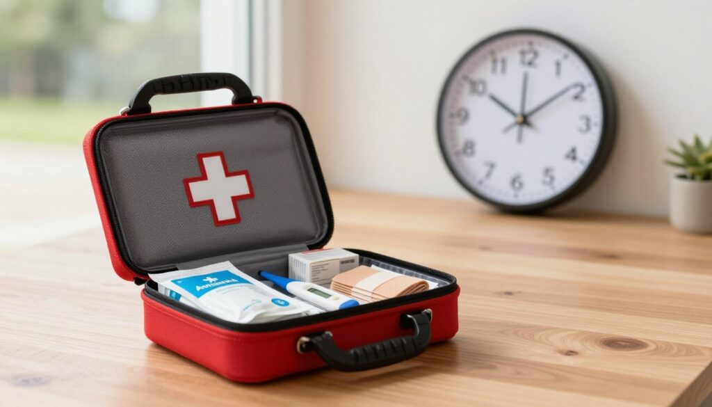 A detailed image of a car first aid kit, prominently displayed in the foreground on a clean, wooden table. The kit is partially open, revealing an assortment of medical supplies, such as antiseptic wipes, bandages, and a digital thermometer, well-organized inside. In the middle ground, a clock on the wall displays the time, symbolizing the importance of expiration dates and the longevity of medical supplies. The background features a blurred outdoor scene, hinting at a roadside setting with soft natural lighting filtering through a nearby window, creating a calm and informative atmosphere. The overall mood conveys professionalism and preparedness, emphasizing the reliability of a well-stocked first aid kit for automotive emergencies. A detailed image of a car first aid kit, prominently displayed in the foreground on a clean, wooden table. The kit is partially open, revealing an assortment of medical supplies, such as antiseptic wipes, bandages, and a digital thermometer, well-organized inside. In the middle ground, a clock on the wall displays the time, symbolizing the importance of expiration dates and the longevity of medical supplies. The background features a blurred outdoor scene, hinting at a roadside setting with soft natural lighting filtering through a nearby window, creating a calm and informative atmosphere. The overall mood conveys professionalism and preparedness, emphasizing the reliability of a well-stocked first aid kit for automotive emergencies.