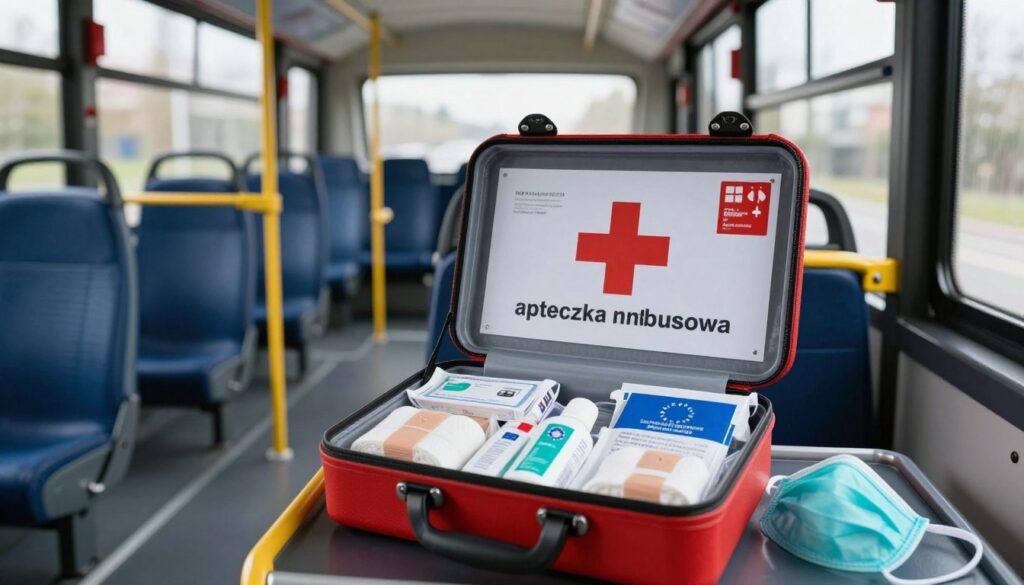 A detailed image of an "apteczka autobusowa" (bus first aid kit) prominently displayed in a spacious, well-lit interior of a public transport bus. In the foreground, showcase an open first aid kit with neatly organized medical supplies: bandages, antiseptics, adhesive tape, and a CPR mask, all labeled according to EU safety standards. In the middle, emphasize the surrounding environment of the bus with seats and safety signage in the background, conveying a sense of collective safety and emergency preparedness. Use soft, natural lighting to create a calm and reassuring atmosphere. Capture the moment from a slightly elevated angle, focusing on the first aid kit to highlight its importance in ensuring passenger safety in transportation.