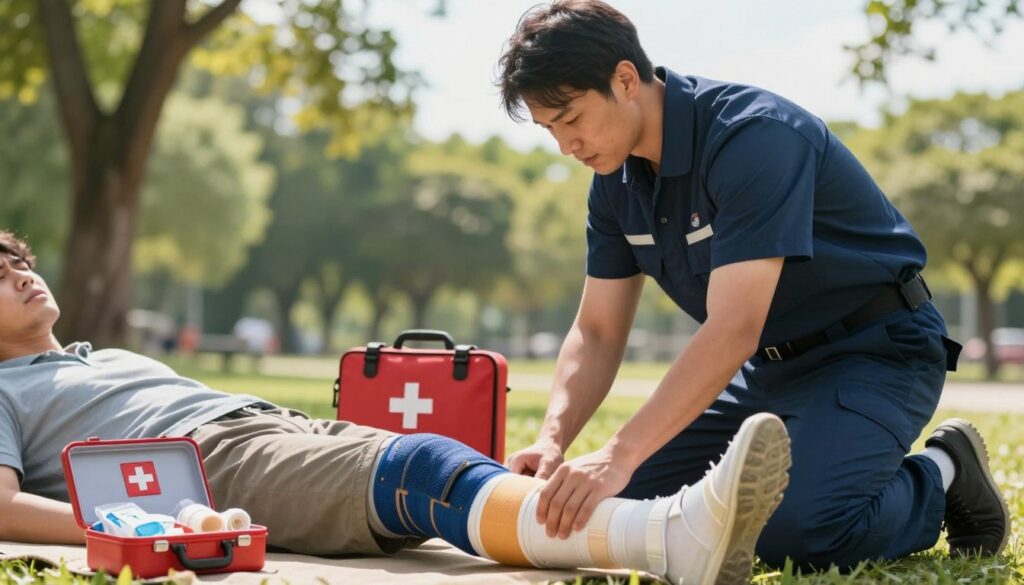 A detailed scene depicting a first aid scenario involving a leg fracture. In the foreground, a qualified first responder in a navy blue uniform is gently stabilizing a patient's injured leg with a splint. The patient, dressed in modest casual clothing, appears in mild distress but reassured by the responder's calm demeanor. In the middle ground, a well-stocked first aid kit is open, showcasing bandages and medical supplies. The background features a blurred outdoor park setting with trees and a sunny sky, creating a serene atmosphere. Soft, natural lighting highlights the urgency of the situation while maintaining a professional tone. The angle is slightly elevated, capturing both the responder's focused expression and the patient's need for assistance. A detailed scene depicting a first aid scenario involving a leg fracture. In the foreground, a qualified first responder in a navy blue uniform is gently stabilizing a patient's injured leg with a splint. The patient, dressed in modest casual clothing, appears in mild distress but reassured by the responder's calm demeanor. In the middle ground, a well-stocked first aid kit is open, showcasing bandages and medical supplies. The background features a blurred outdoor park setting with trees and a sunny sky, creating a serene atmosphere. Soft, natural lighting highlights the urgency of the situation while maintaining a professional tone. The angle is slightly elevated, capturing both the responder's focused expression and the patient's need for assistance.