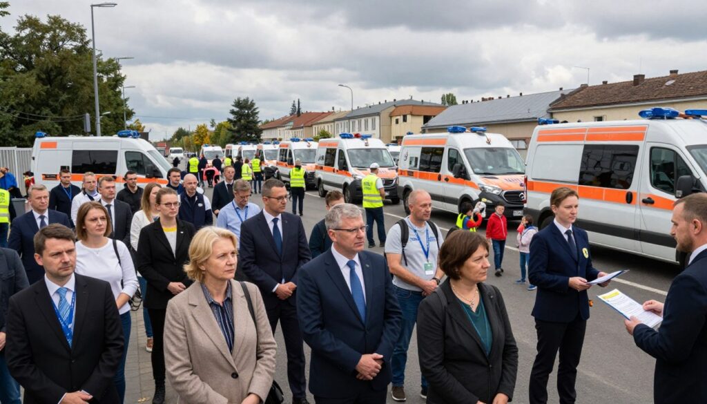 A detailed scene depicting an organized evacuation of citizens in Poland. In the foreground, a diverse group of individuals in professional business attire and modest casual clothing is gathered, showing expressions of determination and focus. They are standing near a clearly marked evacuation center, where a safety officer is distributing information and guiding people. In the middle ground, emergency vehicles are lined up, ready to facilitate transport, while volunteers assist families with children. The background features a cityscape reminiscent of Warsaw, under a cloudy but non-threatening sky, casting gentle, diffused lighting. The overall mood conveys a sense of urgency balanced with community solidarity and preparedness. The image is framed with a wide-angle lens to capture the scale of the event. A detailed scene depicting an organized evacuation of citizens in Poland. In the foreground, a diverse group of individuals in professional business attire and modest casual clothing is gathered, showing expressions of determination and focus. They are standing near a clearly marked evacuation center, where a safety officer is distributing information and guiding people. In the middle ground, emergency vehicles are lined up, ready to facilitate transport, while volunteers assist families with children. The background features a cityscape reminiscent of Warsaw, under a cloudy but non-threatening sky, casting gentle, diffused lighting. The overall mood conveys a sense of urgency balanced with community solidarity and preparedness. The image is framed with a wide-angle lens to capture the scale of the event.