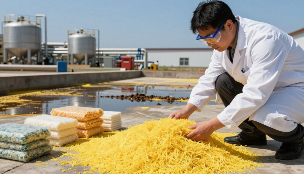 A detailed scene depicting the effective use of sorbents for spill remediation. In the foreground, a professional wearing a lab coat and safety goggles is examining bright yellow sorbent materials scattered on a chemically contaminated surface, a collection of different types of sorbents visible. The middle ground shows a spill containment area, with contrasting colors emphasizing the seriousness of the contamination. In the background, a clear blue sky frames an industrial setting with tanks and pipelines, highlighting the source of the potential spill. The lighting is bright and clear, suggesting a sunny day, enhancing the colors of the sorbents and surroundings. The mood is focused and diligent, representing safety and environmental management. A detailed scene depicting the effective use of sorbents for spill remediation. In the foreground, a professional wearing a lab coat and safety goggles is examining bright yellow sorbent materials scattered on a chemically contaminated surface, a collection of different types of sorbents visible. The middle ground shows a spill containment area, with contrasting colors emphasizing the seriousness of the contamination. In the background, a clear blue sky frames an industrial setting with tanks and pipelines, highlighting the source of the potential spill. The lighting is bright and clear, suggesting a sunny day, enhancing the colors of the sorbents and surroundings. The mood is focused and diligent, representing safety and environmental management.