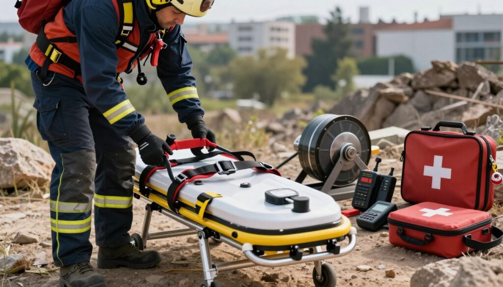 A detailed scene showcasing rescue evacuation equipment in action. In the foreground, a well-equipped emergency responder in professional attire inspects a high-tech evacuation stretcher and a sturdy rescue harness. The middle ground features various rescue tools, including a portable winch, first aid kit, and communication devices, all organized meticulously. In the background, a rugged terrain or urban setting indicates a recent emergency situation, with soft focus on distant buildings or trees. The lighting is dynamic, highlighting the shine of the tools and creating a slight contrast with the surrounding environment to evoke a sense of urgency. The atmosphere is tense yet hopeful, emphasizing the importance of specialized rescue equipment in emergencies. A detailed scene showcasing rescue evacuation equipment in action. In the foreground, a well-equipped emergency responder in professional attire inspects a high-tech evacuation stretcher and a sturdy rescue harness. The middle ground features various rescue tools, including a portable winch, first aid kit, and communication devices, all organized meticulously. In the background, a rugged terrain or urban setting indicates a recent emergency situation, with soft focus on distant buildings or trees. The lighting is dynamic, highlighting the shine of the tools and creating a slight contrast with the surrounding environment to evoke a sense of urgency. The atmosphere is tense yet hopeful, emphasizing the importance of specialized rescue equipment in emergencies.