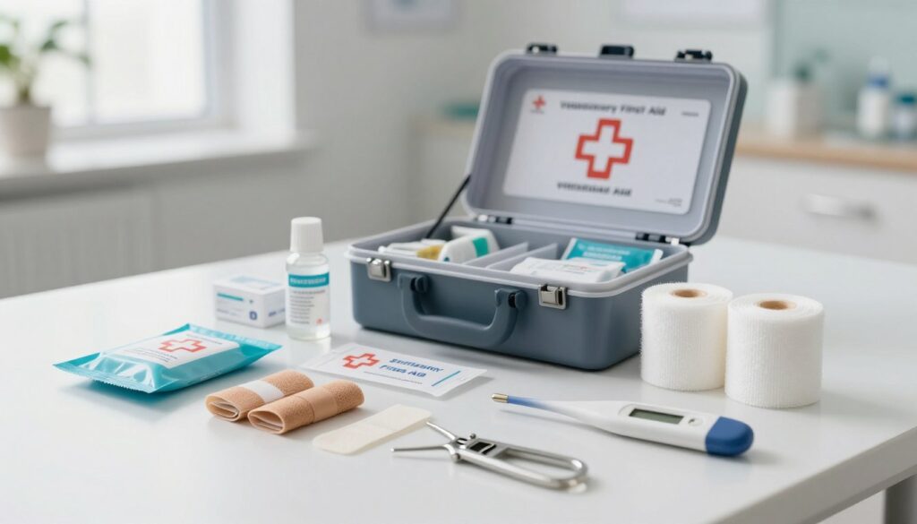 A detailed veterinary first aid kit spread out on a clean, white surface, showcasing various essential items like antiseptic wipes, bandages, gauze rolls, a digital thermometer, and tick removal tools. The foreground features the kit's contents organized neatly, while the middle ground shows a well-structured, open first aid box with compartments, illustrating its contents clearly. The background depicts a soft-focus veterinary clinic, with gentle natural light streaming in through a window, creating a calm atmosphere. The scene should evoke a sense of preparedness and care, emphasizing the importance of regular checks on pet first aid supplies. Use a shallow depth of field to draw attention to the kit while subtly blurring the background for a professional, informative effect.