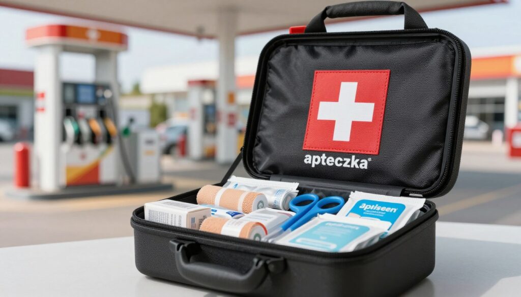 A detailed view of a well-organized car first aid kit, known as "apteczka," prominently displayed in the foreground. The kit should be open, revealing a variety of medical supplies such as bandages, antiseptic wipes, and scissors, all neatly arranged for easy access. In the middle ground, a gas station interior can be faintly seen, with shelves stocked with additional medical products and essentials, hinting at the availability of such items at fuel stations. The background features bright, clean lighting that emphasizes the medical items, creating a professional and reassuring atmosphere. The scene should have a sharp focus on the first aid kit while slightly softening the gas station background to convey a sense of reliability and accessibility of medical products on the go. A detailed view of a well-organized car first aid kit, known as "apteczka," prominently displayed in the foreground. The kit should be open, revealing a variety of medical supplies such as bandages, antiseptic wipes, and scissors, all neatly arranged for easy access. In the middle ground, a gas station interior can be faintly seen, with shelves stocked with additional medical products and essentials, hinting at the availability of such items at fuel stations. The background features bright, clean lighting that emphasizes the medical items, creating a professional and reassuring atmosphere. The scene should have a sharp focus on the first aid kit while slightly softening the gas station background to convey a sense of reliability and accessibility of medical products on the go.