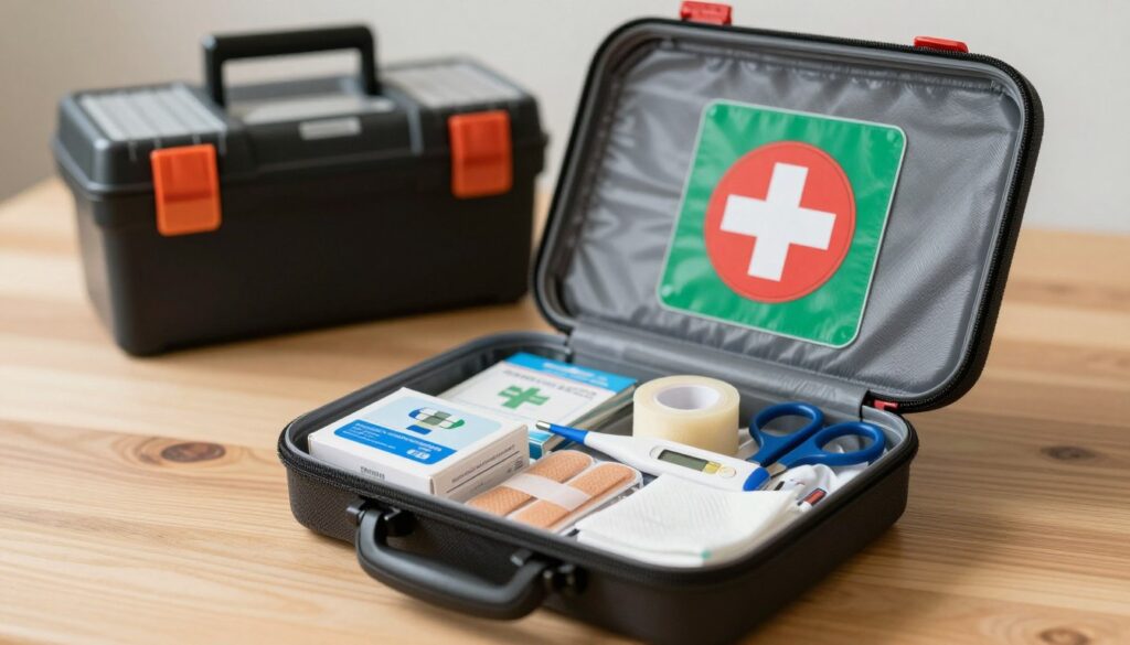 A detailed view of a well-stocked car first aid kit, prominently displayed against a simple wooden background. In the foreground, the kit is open, showcasing various medical supplies such as antiseptic wipes, band-aids, gauze pads, adhesive tape, scissors, and a digital thermometer. The items are arranged neatly to emphasize accessibility and organization. Soft, natural lighting highlights the contents, creating a warm and inviting atmosphere. In the middle ground, a partially blurred toolbox can be seen, suggesting a practical environment. The background is softly lit to maintain focus on the first aid kit, evoking a sense of preparedness and safety. The overall mood should be professional and reassuring, embodying the importance of having a comprehensive car first aid kit. A detailed view of a well-stocked car first aid kit, prominently displayed against a simple wooden background. In the foreground, the kit is open, showcasing various medical supplies such as antiseptic wipes, band-aids, gauze pads, adhesive tape, scissors, and a digital thermometer. The items are arranged neatly to emphasize accessibility and organization. Soft, natural lighting highlights the contents, creating a warm and inviting atmosphere. In the middle ground, a partially blurred toolbox can be seen, suggesting a practical environment. The background is softly lit to maintain focus on the first aid kit, evoking a sense of preparedness and safety. The overall mood should be professional and reassuring, embodying the importance of having a comprehensive car first aid kit.
