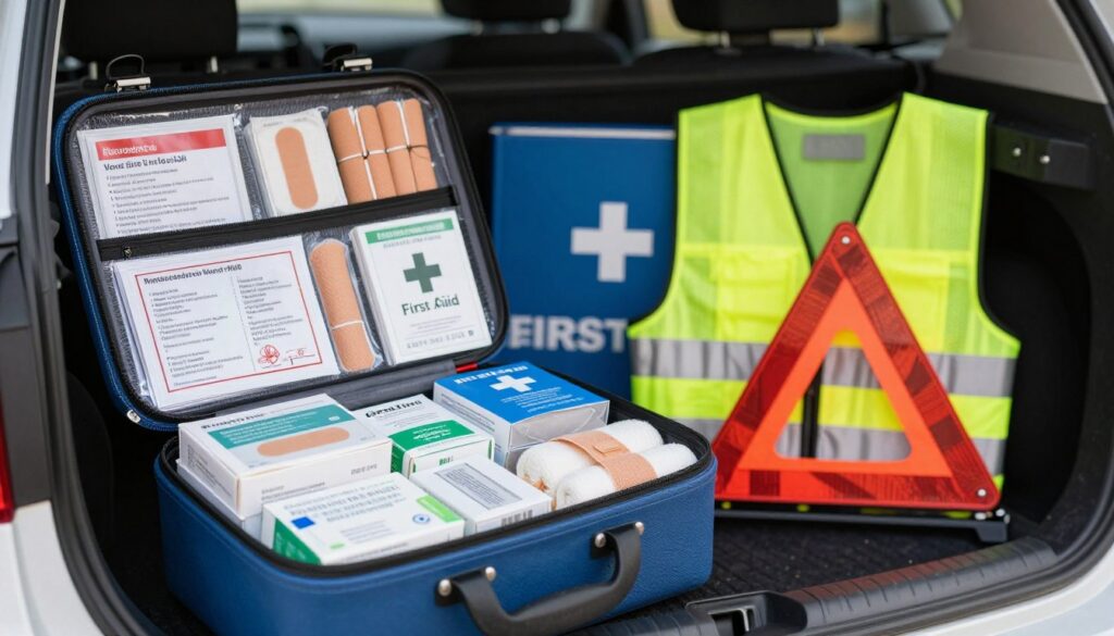 A detailed, well-organized image featuring a first aid kit specifically designed for vehicles, prominently displayed in the foreground. The kit should be open, showcasing a variety of medical supplies like bandages, antiseptics, and emergency instructions; highlight the vehicle-specific items like a warning triangle or reflective vest. In the middle ground, subtly include a contrasting office first aid kit, neatly arranged with items more suited for workplace injuries, such as adhesive bandages or a first aid manual. The background should depict a faint interior of a car, softly illuminated to create a practical yet welcoming atmosphere. Use natural lighting that accentuates the colors and textures of the kits, capturing the essence of both environments while maintaining a professional and informative mood. A detailed, well-organized image featuring a first aid kit specifically designed for vehicles, prominently displayed in the foreground. The kit should be open, showcasing a variety of medical supplies like bandages, antiseptics, and emergency instructions; highlight the vehicle-specific items like a warning triangle or reflective vest. In the middle ground, subtly include a contrasting office first aid kit, neatly arranged with items more suited for workplace injuries, such as adhesive bandages or a first aid manual. The background should depict a faint interior of a car, softly illuminated to create a practical yet welcoming atmosphere. Use natural lighting that accentuates the colors and textures of the kits, capturing the essence of both environments while maintaining a professional and informative mood.