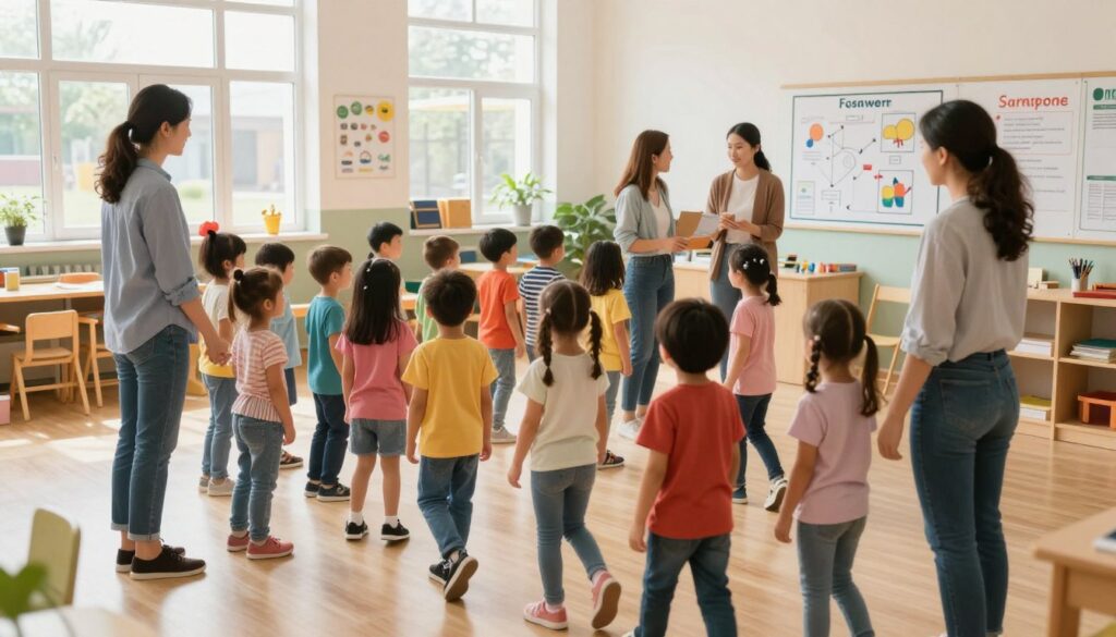 A diverse group of preschool teachers and children, engaged in a calm and organized emergency evacuation drill within a bright, open classroom. In the foreground, a teacher guides a small group of children, all wearing colorful, modest clothing, toward the exit. The middle layer shows other children participating, following instructions attentively while a visual evacuation plan is displayed on the wall. In the background, large windows allow natural light to illuminate the scene, creating a cheerful atmosphere. The room is decorated with educational posters, and safety procedures are visibly outlined. The shot is taken from a slightly elevated angle, showcasing the orderly nature of the process and emphasizing teamwork and calmness in practice.