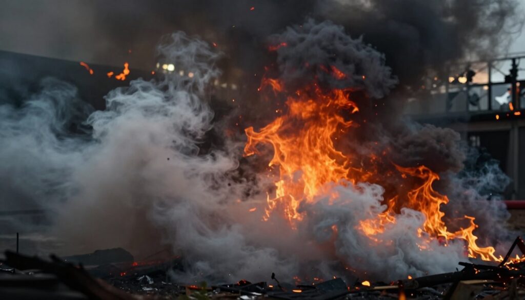 A dramatic scene capturing the dangers of smoke and fire, focused on the foreground where dense, swirling smoke billows in shades of grey and black, creating an oppressive atmosphere. In the middle ground, flickering flames dance in hues of orange and red, highlighted by a warm, chaotic glow that contrasts sharply with the cool, ashen smoke. The background features a blurred view of a burning building, with reflections of light glinting off the shattered windows, suggesting a sense of urgency and imminent danger. The lighting is dynamic, with high contrast between the fiery elements and the dark smoke, evoking a tense mood. The perspective is slightly low, emphasizing the height of the flames and the ominous smoke, creating an immersive experience that vividly illustrates the threats posed by fire and smoke. A dramatic scene capturing the dangers of smoke and fire, focused on the foreground where dense, swirling smoke billows in shades of grey and black, creating an oppressive atmosphere. In the middle ground, flickering flames dance in hues of orange and red, highlighted by a warm, chaotic glow that contrasts sharply with the cool, ashen smoke. The background features a blurred view of a burning building, with reflections of light glinting off the shattered windows, suggesting a sense of urgency and imminent danger. The lighting is dynamic, with high contrast between the fiery elements and the dark smoke, evoking a tense mood. The perspective is slightly low, emphasizing the height of the flames and the ominous smoke, creating an immersive experience that vividly illustrates the threats posed by fire and smoke.