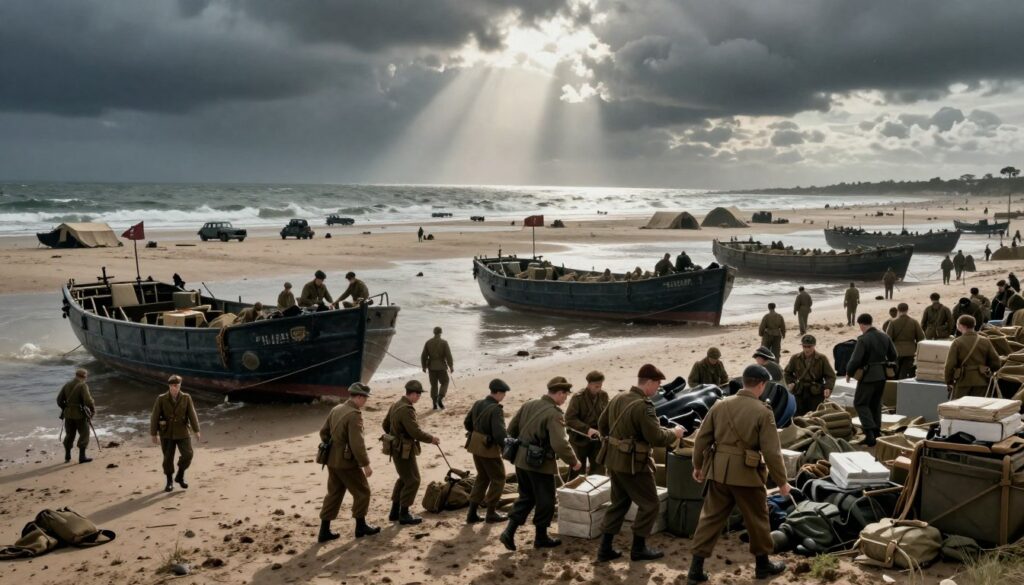 A dramatic scene depicting the logistical challenges faced on the beaches of northern France during the Dunkirk evacuation. In the foreground, a diverse group of military personnel, dressed in period-appropriate uniforms, is seen coordinating the movement of supplies and personnel. In the middle ground, several landing crafts are beached, while soldiers load them with equipment and injured comrades under pressure. The background features a tumultuous sky, hinting at an impending storm, with a coastline dotted with makeshift tents and vehicles. The lighting is moody, with rays of sunlight breaking through dark clouds, casting dynamic shadows. The overall atmosphere is tense and urgent, capturing the chaos and necessity of wartime logistics. The scene is viewed from a slightly elevated angle, providing a comprehensive view of the beach operation.