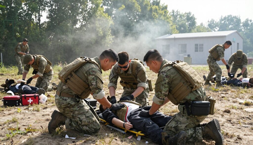 A dynamic battlefield training scene illustrating the importance of regular simulations for military medics. In the foreground, a group of four medics in professional military attire, attentively practicing medical procedures on a mock casualty, who is realistically portrayed on a stretcher. The middle ground features a variety of training equipment, including tactical gear and first aid kits, while other personnel are engaged in training exercises. The background captures an outdoor training environment, with trees and a distant view of a command post. The atmosphere is intense yet focused, with natural sunlight piercing through a slight mist, creating a serious yet motivating ambiance. The composition is taken from a low angle, emphasizing the teamwork and urgency of the training.