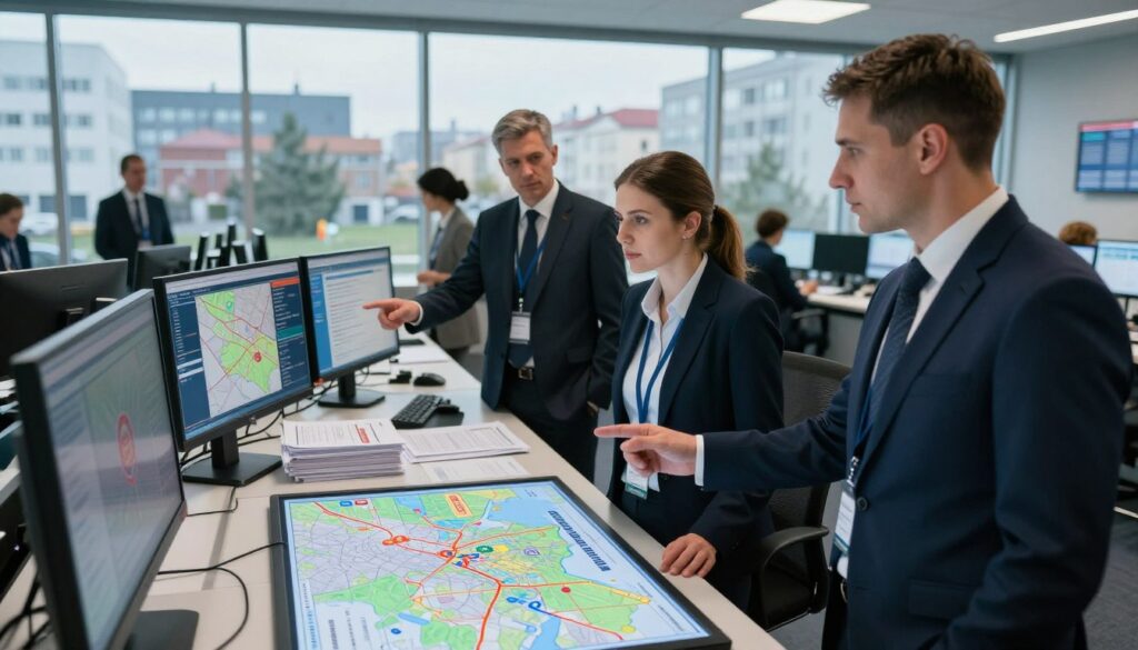 A dynamic scene depicting a local government emergency management team, consisting of diverse professionals in professional business attire, collaborating in a modern command center. In the foreground, a focused female leader is examining a large digital map, while a male colleague discusses strategies, pointing at a screen displaying emergency procedures. The middle ground features various monitors showing real-time data and maps of Poland, alongside stacks of emergency response plans. The background shows a large window revealing a busy urban landscape, hinting at the community outside. The lighting is bright and focused, creating a sense of urgency, with cool tones that add a professional atmosphere. The mood conveys determination and teamwork, emphasizing the role of local authorities in protecting the population during crises. A dynamic scene depicting a local government emergency management team, consisting of diverse professionals in professional business attire, collaborating in a modern command center. In the foreground, a focused female leader is examining a large digital map, while a male colleague discusses strategies, pointing at a screen displaying emergency procedures. The middle ground features various monitors showing real-time data and maps of Poland, alongside stacks of emergency response plans. The background shows a large window revealing a busy urban landscape, hinting at the community outside. The lighting is bright and focused, creating a sense of urgency, with cool tones that add a professional atmosphere. The mood conveys determination and teamwork, emphasizing the role of local authorities in protecting the population during crises.