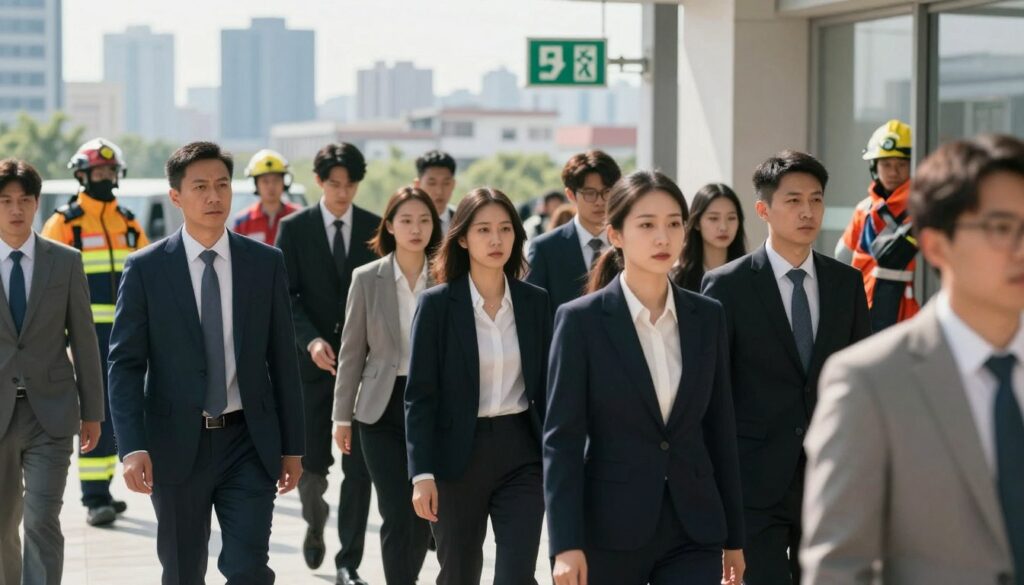 A dynamic scene illustrating various types of evacuations during crisis situations. In the foreground, a diverse group of people dressed in professional business attire, calmly gathering in an organized manner as they prepare to evacuate. In the middle ground, some individuals are assisting others, showcasing teamwork, while a modern emergency exit sign is clearly visible. The background features a cityscape with a visible skyline and emergency responders in action, creating a sense of urgency. The lighting is bright and focused, with a natural daylight effect, casting soft shadows to enhance realism. The mood conveys professionalism and preparedness, capturing the essence of emergency evacuation protocols without chaos or panic.