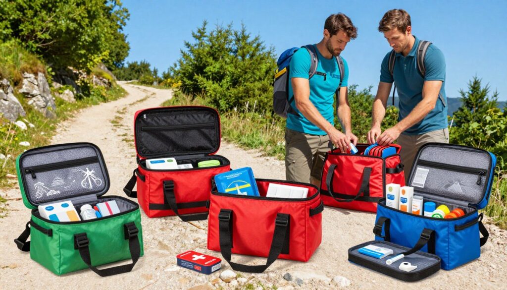 A dynamic scene showcasing various types of rescue bags used in sports and tourism. In the foreground, display an assortment of brightly colored first aid bags featuring distinct designs tailored for specific activities like hiking, cycling, and water sports. Each bag should be open, revealing organized medical supplies, such as bandages, ointments, and emergency tools. In the middle ground, illustrate a scenic backdrop of a vibrant hiking trail, with lush green trees and a clear blue sky. Two individuals, dressed in professional outdoor attire, are actively inspecting the contents of a rescue bag, demonstrating its use. The lighting is bright and natural, giving a daytime feel. Capture an overall sense of preparedness and adventure, emphasizing the importance of having specialized rescue bags in outdoor activities. A dynamic scene showcasing various types of rescue bags used in sports and tourism. In the foreground, display an assortment of brightly colored first aid bags featuring distinct designs tailored for specific activities like hiking, cycling, and water sports. Each bag should be open, revealing organized medical supplies, such as bandages, ointments, and emergency tools. In the middle ground, illustrate a scenic backdrop of a vibrant hiking trail, with lush green trees and a clear blue sky. Two individuals, dressed in professional outdoor attire, are actively inspecting the contents of a rescue bag, demonstrating its use. The lighting is bright and natural, giving a daytime feel. Capture an overall sense of preparedness and adventure, emphasizing the importance of having specialized rescue bags in outdoor activities.
