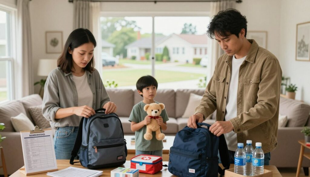 A family in a cozy living room preparing for evacuation. In the foreground, a mother and father pack essentials into backpacks, their expressions focused and determined. The father wears a practical jacket, while the mother wears modest casual clothing suitable for home. On a table nearby, a checklist and emergency supplies like first-aid kits and water bottles are visible. In the middle ground, a child holds a comforting toy, looking up at the parents, embodying a sense of reassurance amidst the task. The background displays a window showing a calm suburban neighborhood, soft natural light streaming in to create a reassuring atmosphere. The overall mood blends a sense of urgency with familial bonding, highlighting responsible preparation for emergencies. A family in a cozy living room preparing for evacuation. In the foreground, a mother and father pack essentials into backpacks, their expressions focused and determined. The father wears a practical jacket, while the mother wears modest casual clothing suitable for home. On a table nearby, a checklist and emergency supplies like first-aid kits and water bottles are visible. In the middle ground, a child holds a comforting toy, looking up at the parents, embodying a sense of reassurance amidst the task. The background displays a window showing a calm suburban neighborhood, soft natural light streaming in to create a reassuring atmosphere. The overall mood blends a sense of urgency with familial bonding, highlighting responsible preparation for emergencies.