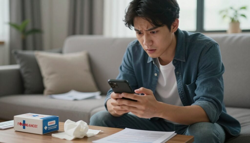 A focused scene depicting a person dialing for emergency medical services on a smartphone. In the foreground, show the individual, a young adult dressed in smart casual clothing, exhibiting a look of concern and urgency. The middle ground should include a cluttered living room setup, hinting at a medical emergency, with scattered first aid supplies – a Band-Aid box, gauze, and a small medical manual. In the background, soft daylight filters through a window, casting gentle shadows, enhancing the atmosphere of urgency and seriousness. The overall mood is tense but hopeful, emphasizing the importance of quick action. Use a shallow depth of field to keep the focus on the person’s expression while subtly blurring the surroundings. A focused scene depicting a person dialing for emergency medical services on a smartphone. In the foreground, show the individual, a young adult dressed in smart casual clothing, exhibiting a look of concern and urgency. The middle ground should include a cluttered living room setup, hinting at a medical emergency, with scattered first aid supplies – a Band-Aid box, gauze, and a small medical manual. In the background, soft daylight filters through a window, casting gentle shadows, enhancing the atmosphere of urgency and seriousness. The overall mood is tense but hopeful, emphasizing the importance of quick action. Use a shallow depth of field to keep the focus on the person’s expression while subtly blurring the surroundings.