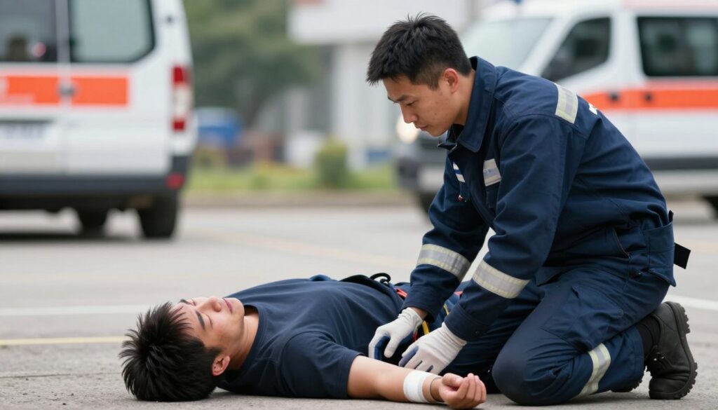 A focused scene depicting the assessment of an injured person in an emergency situation. In the foreground, a trained first responder in professional attire is kneeling beside a conscious individual, providing care and evaluating their condition. The first responder's expression is calm and attentive, showcasing a sense of urgency without panic. In the middle ground, the affected person lies on the ground, appearing distressed but stable, with visible signs of injury such as a bandage on their arm. The background features a blurred urban setting with emergency services vehicles, suggesting a realistic emergency scenario. Soft, natural lighting enhances the scene, creating a serious yet hopeful atmosphere. The angle captures the interaction between the responder and the injured person, emphasizing the importance of first aid.