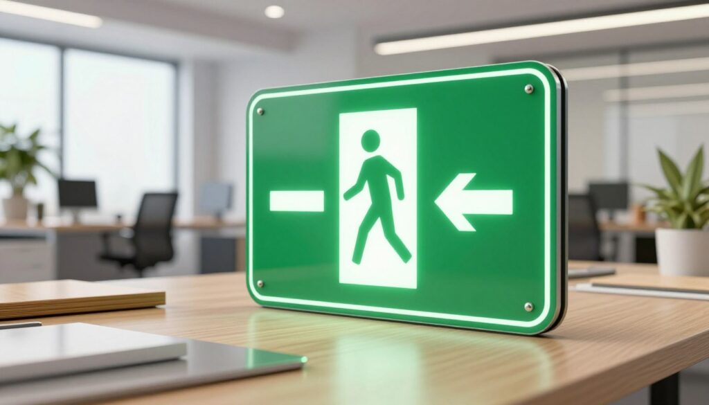 A highly detailed and realistic illustration of a green emergency evacuation sign (znak ewakuacyjny) prominently displayed in a modern office environment. In the foreground, the sign is clearly visible, showing a stylized figure running towards an exit, surrounded by a bright, illuminated light to emphasize its importance. In the middle ground, there are various materials and textures representing different substrates like wood, metal, and plastic that could be used for this sign. The background features a well-lit office with sleek furniture, large windows, and potted plants, creating an inviting ambiance. The lighting is bright yet soft, creating a safe and professional atmosphere. The angle is slightly low to give a sense of elevation to the sign, making it the focal point of the visual narrative. A highly detailed and realistic illustration of a green emergency evacuation sign (znak ewakuacyjny) prominently displayed in a modern office environment. In the foreground, the sign is clearly visible, showing a stylized figure running towards an exit, surrounded by a bright, illuminated light to emphasize its importance. In the middle ground, there are various materials and textures representing different substrates like wood, metal, and plastic that could be used for this sign. The background features a well-lit office with sleek furniture, large windows, and potted plants, creating an inviting ambiance. The lighting is bright yet soft, creating a safe and professional atmosphere. The angle is slightly low to give a sense of elevation to the sign, making it the focal point of the visual narrative.