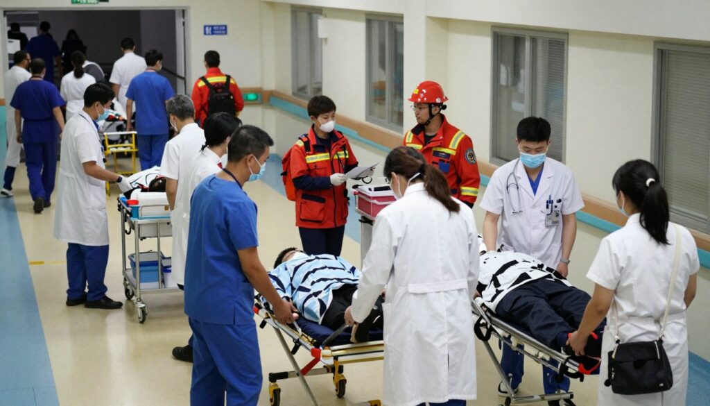 A hospital evacuation scene showcasing a complex logistical process. In the foreground, a team of healthcare professionals, dressed in scrubs and lab coats, carefully assisting patients on stretchers while using specialized equipment. In the middle, emergency responders coordinate the operation, discussing evacuation procedures, with medical carts and supplies in close proximity. The background features an evacuation route, with clearly marked exits and chaotic yet organized movement of staff and patients. Soft, diffused lighting illuminates the scene, creating a sense of urgency but ensuring visibility. The angle is slightly elevated, providing an overview of the evacuation efforts, while maintaining a focused look at the human interactions and logistical challenges involved in safely evacuating a hospital. The atmosphere conveys professionalism, urgency, and commitment to patient safety. A hospital evacuation scene showcasing a complex logistical process. In the foreground, a team of healthcare professionals, dressed in scrubs and lab coats, carefully assisting patients on stretchers while using specialized equipment. In the middle, emergency responders coordinate the operation, discussing evacuation procedures, with medical carts and supplies in close proximity. The background features an evacuation route, with clearly marked exits and chaotic yet organized movement of staff and patients. Soft, diffused lighting illuminates the scene, creating a sense of urgency but ensuring visibility. The angle is slightly elevated, providing an overview of the evacuation efforts, while maintaining a focused look at the human interactions and logistical challenges involved in safely evacuating a hospital. The atmosphere conveys professionalism, urgency, and commitment to patient safety.