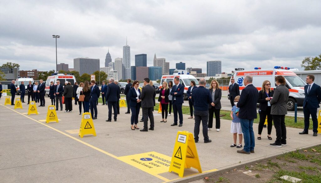 A large, organized evacuation assembly point in an urban environment, showcasing a safe gathering area during an emergency. In the foreground, a clearly marked assembly zone with bright safety signs and designated areas for individuals and families. The middle ground features people dressed in professional business attire, calmly waiting in small groups, engaged in conversations and checking on their loved ones. In the background, a city skyline looms under a cloudy sky, with emergency vehicles and personnel positioned nearby, signaling readiness and safety. Soft, diffused lighting enhances the somber yet hopeful atmosphere, while a low-angle perspective emphasizes the significance of the assembly point in a crisis situation. The overall mood is one of preparedness and community resilience. A large, organized evacuation assembly point in an urban environment, showcasing a safe gathering area during an emergency. In the foreground, a clearly marked assembly zone with bright safety signs and designated areas for individuals and families. The middle ground features people dressed in professional business attire, calmly waiting in small groups, engaged in conversations and checking on their loved ones. In the background, a city skyline looms under a cloudy sky, with emergency vehicles and personnel positioned nearby, signaling readiness and safety. Soft, diffused lighting enhances the somber yet hopeful atmosphere, while a low-angle perspective emphasizes the significance of the assembly point in a crisis situation. The overall mood is one of preparedness and community resilience.