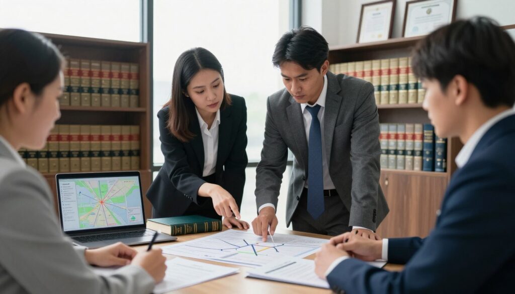 A legal office scene focused on emergency evacuation procedures, with a diverse group of professionals in business attire discussing legal documents and evacuation plans. In the foreground, a table covered with papers, legal books, and a laptop displaying evacuation maps. In the middle, two professionals, one woman and one man, are pointing at the maps, deep in conversation. Bright, natural light filters through large windows, creating a focused yet urgent atmosphere. The background features shelves filled with law books and framed certificates, emphasizing the legal context. The overall mood is serious and professional, underscoring the importance of legal foundations in emergency management and public safety. A legal office scene focused on emergency evacuation procedures, with a diverse group of professionals in business attire discussing legal documents and evacuation plans. In the foreground, a table covered with papers, legal books, and a laptop displaying evacuation maps. In the middle, two professionals, one woman and one man, are pointing at the maps, deep in conversation. Bright, natural light filters through large windows, creating a focused yet urgent atmosphere. The background features shelves filled with law books and framed certificates, emphasizing the legal context. The overall mood is serious and professional, underscoring the importance of legal foundations in emergency management and public safety.