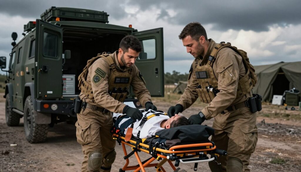A medical team preparing for the transport of a patient in a combat zone. In the foreground, two professionals in tactical medical uniforms are inspecting and securing a stretcher, focusing intently on their tasks. One is applying a stabilizing device, while the other checks medical equipment. In the middle ground, a military vehicle awaits, its doors open, ready for transport. The background features a dimly lit, rugged landscape typical of a conflict area, with distant silhouettes of military tents and equipment under a cloudy, dramatic sky. The atmosphere conveys urgency and professionalism, captured using a slightly angled shot to emphasize the teamwork, with soft diffused lighting that highlights the subjects while maintaining a serious, focused tone.