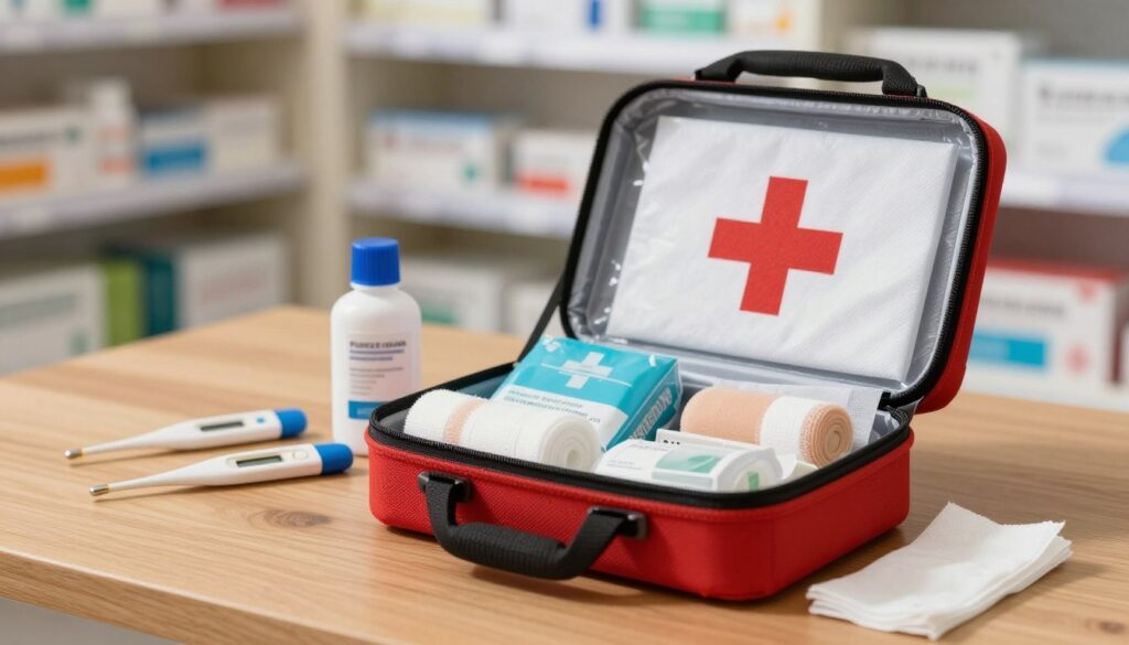 A meticulously arranged first aid kit, prominently featuring various medical supplies such as bandages, antiseptics, and gauzes, sits open on a wooden table. The foreground showcases detailed views of the items, including a bright red cross symbol on the kit itself. In the middle ground, a subtle blur indicates other medical products like thermometers and ointments that suggest a well-stocked pharmacy. The background remains softly focused, showing shelves filled with additional healthcare products, hinting at the availability of these items in brick-and-mortar stores. Soft, natural lighting illuminates the scene, creating a warm and inviting atmosphere, reminiscent of a caring, community-focused environment. The image should evoke a sense of preparedness and safety, emphasizing the importance of having access to health supplies. A meticulously arranged first aid kit, prominently featuring various medical supplies such as bandages, antiseptics, and gauzes, sits open on a wooden table. The foreground showcases detailed views of the items, including a bright red cross symbol on the kit itself. In the middle ground, a subtle blur indicates other medical products like thermometers and ointments that suggest a well-stocked pharmacy. The background remains softly focused, showing shelves filled with additional healthcare products, hinting at the availability of these items in brick-and-mortar stores. Soft, natural lighting illuminates the scene, creating a warm and inviting atmosphere, reminiscent of a caring, community-focused environment. The image should evoke a sense of preparedness and safety, emphasizing the importance of having access to health supplies.