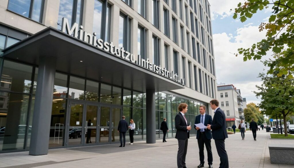 A modern and sleek building representing the "Ministerstwo Infrastruktury" in Poland, situated in an urban environment. The foreground includes a clear view of the building's entrance with contemporary architecture featuring glass and steel elements. In the middle, a few people dressed in professional business attire are engaged in discussions, some with documents in hand, conveying a sense of urgency and diligence. The background showcases a bustling cityscape with trees lining the street and a hint of a blue sky, suggesting a clear day. Soft, natural lighting bathes the scene, creating a welcoming yet serious mood. The camera angle is slightly low, emphasizing the height of the building, while capturing both the architecture and the people in a cohesive manner. A modern and sleek building representing the "Ministerstwo Infrastruktury" in Poland, situated in an urban environment. The foreground includes a clear view of the building's entrance with contemporary architecture featuring glass and steel elements. In the middle, a few people dressed in professional business attire are engaged in discussions, some with documents in hand, conveying a sense of urgency and diligence. The background showcases a bustling cityscape with trees lining the street and a hint of a blue sky, suggesting a clear day. Soft, natural lighting bathes the scene, creating a welcoming yet serious mood. The camera angle is slightly low, emphasizing the height of the building, while capturing both the architecture and the people in a cohesive manner.