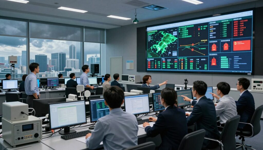 A modern control room focused on national hazard detection, featuring a large digital display showing real-time monitoring of environmental conditions and alarm systems. In the foreground, a diverse group of professionals in business attire analyze data, pointing to the monitor, deep in discussion. The middle ground includes sophisticated technological equipment like sensors and communication devices, while the background features large windows with a view of a city skyline under dramatic, moody lighting. The atmosphere is urgent yet collaborative, showcasing the importance of rapid response to environmental threats. The scene is well-lit, emphasizing the seriousness of the work being done, with a slight wide-angle lens effect to capture the entire setup. A modern control room focused on national hazard detection, featuring a large digital display showing real-time monitoring of environmental conditions and alarm systems. In the foreground, a diverse group of professionals in business attire analyze data, pointing to the monitor, deep in discussion. The middle ground includes sophisticated technological equipment like sensors and communication devices, while the background features large windows with a view of a city skyline under dramatic, moody lighting. The atmosphere is urgent yet collaborative, showcasing the importance of rapid response to environmental threats. The scene is well-lit, emphasizing the seriousness of the work being done, with a slight wide-angle lens effect to capture the entire setup.