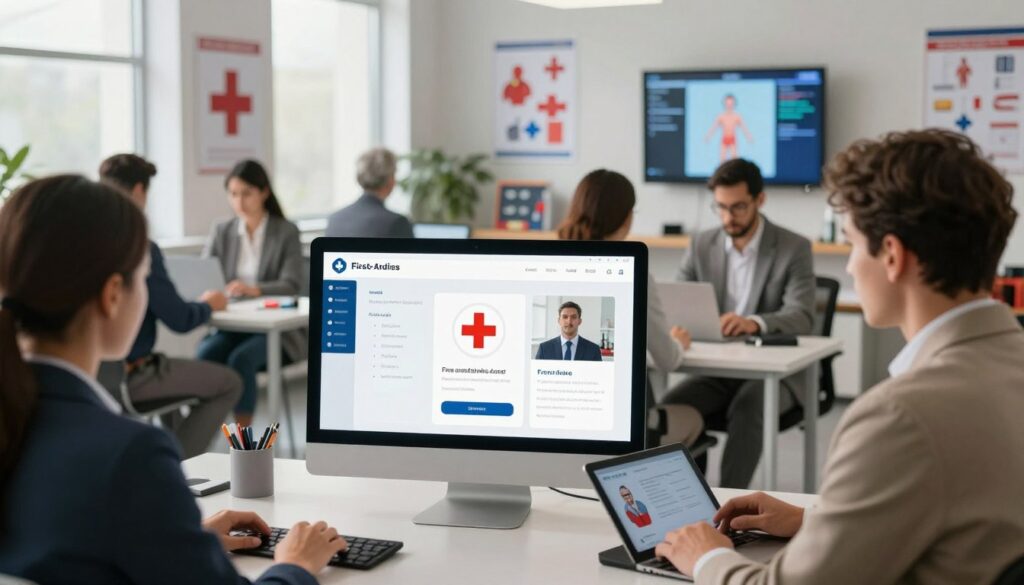 A modern e-learning platform dedicated to first aid training, featuring a sleek, user-friendly interface displayed on a large computer screen in the foreground. In the middle ground, a diverse group of professionals in business attire engages with the platform, using laptops and tablets. The background showcases a bright and modern training room, filled with medical training tools, posters on first aid techniques, and instructional videos playing on screens. Soft, diffused lighting creates a warm and inviting atmosphere, while a slight low-angle perspective captures the intensity of the learning environment. The overall mood is focused and collaborative, emphasizing the importance of modern technology in emergency training and response. A modern e-learning platform dedicated to first aid training, featuring a sleek, user-friendly interface displayed on a large computer screen in the foreground. In the middle ground, a diverse group of professionals in business attire engages with the platform, using laptops and tablets. The background showcases a bright and modern training room, filled with medical training tools, posters on first aid techniques, and instructional videos playing on screens. Soft, diffused lighting creates a warm and inviting atmosphere, while a slight low-angle perspective captures the intensity of the learning environment. The overall mood is focused and collaborative, emphasizing the importance of modern technology in emergency training and response.