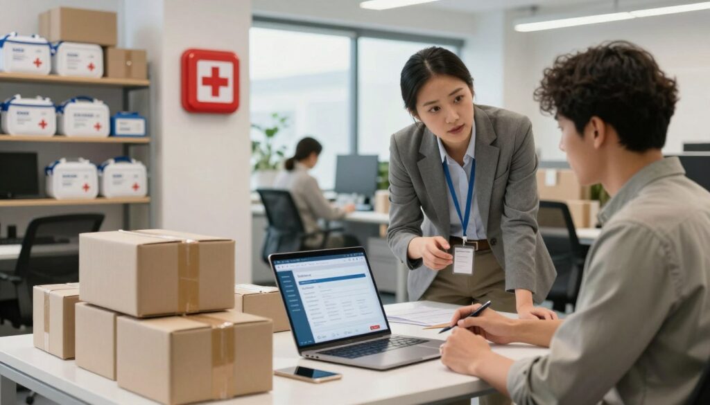 A modern, efficient workspace focusing on quick order fulfillment and professional consulting. In the foreground, depict a well-organized office desk with a laptop open, showcasing an online order platform with neatly stacked boxes ready for shipment. Include a diverse team of two professionals—one in business attire and the other in smart casual clothing—engaging in a discussion over order strategies. In the middle ground, illustrate shelves filled with medical supply kits, emphasizing the topic of wall-mounted first aid kits. The background should showcase a busy, well-lit office environment, with large windows letting in natural light, creating an atmosphere of productivity and collaboration. Use soft lighting to convey a sense of professionalism and warmth, focusing on a clear and inviting aesthetic. A modern, efficient workspace focusing on quick order fulfillment and professional consulting. In the foreground, depict a well-organized office desk with a laptop open, showcasing an online order platform with neatly stacked boxes ready for shipment. Include a diverse team of two professionals—one in business attire and the other in smart casual clothing—engaging in a discussion over order strategies. In the middle ground, illustrate shelves filled with medical supply kits, emphasizing the topic of wall-mounted first aid kits. The background should showcase a busy, well-lit office environment, with large windows letting in natural light, creating an atmosphere of productivity and collaboration. Use soft lighting to convey a sense of professionalism and warmth, focusing on a clear and inviting aesthetic.
