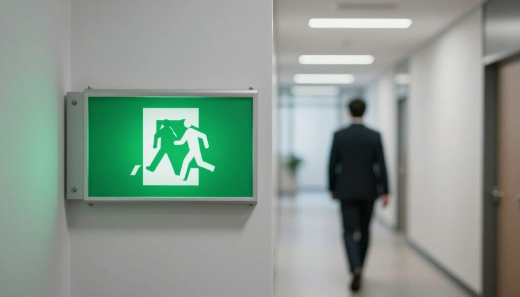 A modern emergency exit sign, depicting a person running toward a clearly marked exit, set against a dynamic backdrop of an office corridor. In the foreground, the exit sign is bright green, symbolizing safety, while the person is dressed in professional business attire, conveying urgency yet professionalism. The middle of the image showcases a well-lit corridor with minimalist design elements, emphasizing clarity and order. The background features soft fluorescent light, casting a calming glow and leading the eye toward the exit. The atmosphere is urgent but safe, highlighting the importance of understanding new ISO standards in emergency evacuation routes. The composition should focus on the sign and the path to safety without any text or distractions. A modern emergency exit sign, depicting a person running toward a clearly marked exit, set against a dynamic backdrop of an office corridor. In the foreground, the exit sign is bright green, symbolizing safety, while the person is dressed in professional business attire, conveying urgency yet professionalism. The middle of the image showcases a well-lit corridor with minimalist design elements, emphasizing clarity and order. The background features soft fluorescent light, casting a calming glow and leading the eye toward the exit. The atmosphere is urgent but safe, highlighting the importance of understanding new ISO standards in emergency evacuation routes. The composition should focus on the sign and the path to safety without any text or distractions.