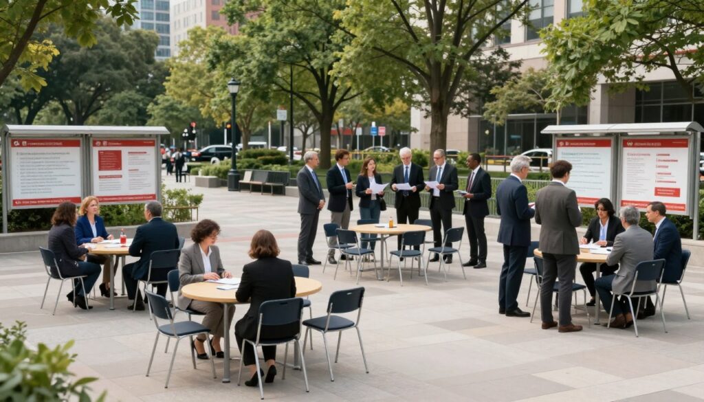A modern evacuation assembly point set in an urban environment, showcasing clear signage and designated areas for safety. In the foreground, well-organized spaces with rows of chairs and tables, carefully arranged for community gatherings. The middle ground features a group of diverse people in professional business attire discussing emergency plans, emphasizing collaboration and preparedness. The background highlights a city park with trees and emergency information boards displaying essential guidelines. Soft, natural daylight filters through the trees, creating a calm yet vigilant atmosphere. The composition should be captured from a slightly elevated angle, ensuring clarity in both the layout and the interactions between individuals. The scene should evoke a sense of safety, community, and proactive measures to protect citizens during emergencies. A modern evacuation assembly point set in an urban environment, showcasing clear signage and designated areas for safety. In the foreground, well-organized spaces with rows of chairs and tables, carefully arranged for community gatherings. The middle ground features a group of diverse people in professional business attire discussing emergency plans, emphasizing collaboration and preparedness. The background highlights a city park with trees and emergency information boards displaying essential guidelines. Soft, natural daylight filters through the trees, creating a calm yet vigilant atmosphere. The composition should be captured from a slightly elevated angle, ensuring clarity in both the layout and the interactions between individuals. The scene should evoke a sense of safety, community, and proactive measures to protect citizens during emergencies.