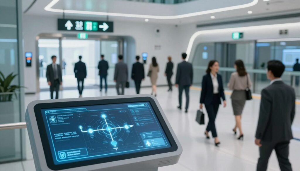 A modern evacuation technology scenario in a high-tech building interior. In the foreground, a sleek digital interface displays real-time evacuation routes and safety instructions, illuminated by a soft blue light. In the middle ground, diverse individuals are depicted, dressed in professional business attire, calmly following illuminated emergency signs leading towards exits. The background shows futuristic emergency exits with automated sliding doors and advanced smoke detection systems. The atmosphere is focused and serene, with an emphasis on safety and efficiency. The lighting is bright yet soothing, creating a sense of order. The perspective is slightly angled from above, capturing both the technology and the people engaging with it. A modern evacuation technology scenario in a high-tech building interior. In the foreground, a sleek digital interface displays real-time evacuation routes and safety instructions, illuminated by a soft blue light. In the middle ground, diverse individuals are depicted, dressed in professional business attire, calmly following illuminated emergency signs leading towards exits. The background shows futuristic emergency exits with automated sliding doors and advanced smoke detection systems. The atmosphere is focused and serene, with an emphasis on safety and efficiency. The lighting is bright yet soothing, creating a sense of order. The perspective is slightly angled from above, capturing both the technology and the people engaging with it.