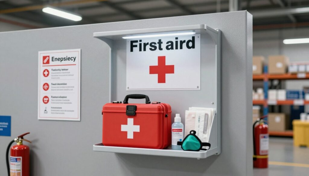 A modern industrial first aid station mounted on a sturdy wall, designed for workplace safety. The foreground features a neatly organized first aid kit, prominently displaying medical supplies like bandages, antiseptics, and a CPR mask, all arranged in an accessible manner. In the middle ground, the wall is adorned with clear signage indicating emergency procedures, complemented by a fire extinguisher nearby. The background reveals a warehouse setting, with high ceilings and shelving units, softly lit by overhead fluorescent lights, creating a professional and safe atmosphere. The angle captures the station head-on, ensuring all details are visible, while maintaining a clean and uncluttered aesthetic. The overall mood is one of preparedness and security, ideal for workplace safety. A modern industrial first aid station mounted on a sturdy wall, designed for workplace safety. The foreground features a neatly organized first aid kit, prominently displaying medical supplies like bandages, antiseptics, and a CPR mask, all arranged in an accessible manner. In the middle ground, the wall is adorned with clear signage indicating emergency procedures, complemented by a fire extinguisher nearby. The background reveals a warehouse setting, with high ceilings and shelving units, softly lit by overhead fluorescent lights, creating a professional and safe atmosphere. The angle captures the station head-on, ensuring all details are visible, while maintaining a clean and uncluttered aesthetic. The overall mood is one of preparedness and security, ideal for workplace safety.