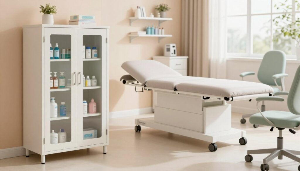 A modern medical furniture setting showcasing both aesthetics and functionality. In the foreground, a sleek, well-organized medical cabinet with clear viewing panels revealing neatly arranged supplies, featuring soft white and pastel colors for a calming atmosphere. The middle ground includes a minimalist examination table draped in a light fabric, surrounded by elegant storage solutions and ergonomic seating that invites comfort. The background depicts a well-lit room with large windows allowing natural light to fill the space, creating a warm and welcoming environment. The scene conveys professionalism and care, with a harmonious balance of form and function, emphasizing cleanliness and organization. Soft, diffused lighting enhances the serene mood, while a slight depth of field focuses on the furniture details.