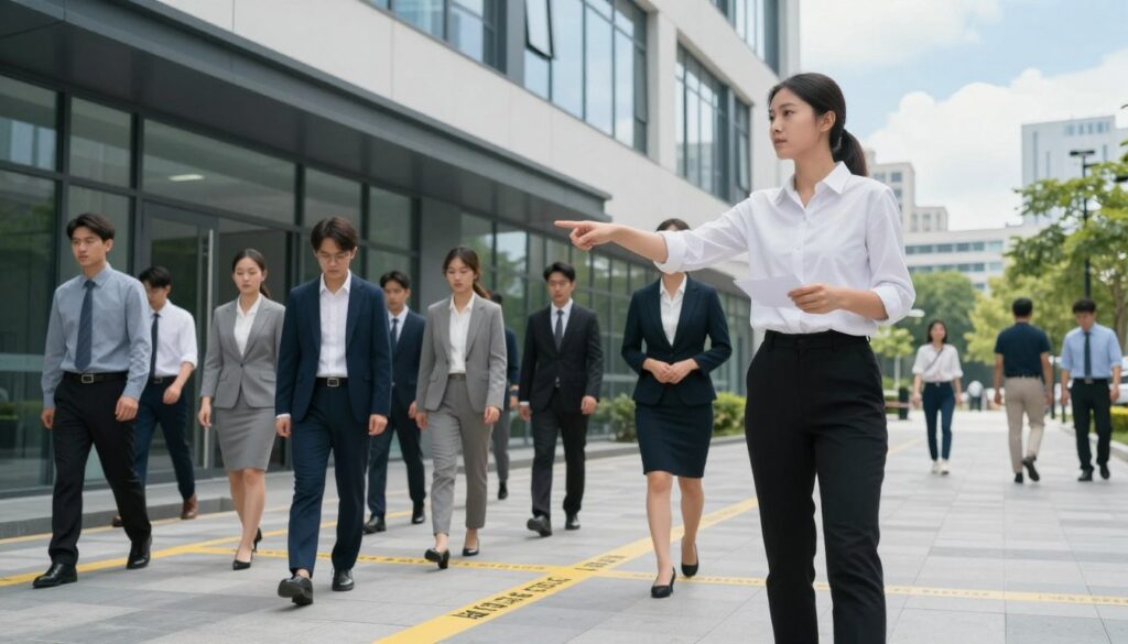A modern office building during a fire drill, showcasing a diverse group of professionals in business attire participating in an organized evacuation. In the foreground, a tall, confident woman instructs her colleagues on safety procedures, emphasizing teamwork and clarity. The middle ground features employees calmly following evacuation routes marked with visible signs, while others are seen gathering at a designated safety point outside the building. The background reveals a clear blue sky above the urban landscape, with pedestrians observing the drill, adding a touch of realism. Soft, natural lighting enhances the professionalism of the scene, while a slight depth of field focuses on the evacuation process, conveying a serious yet organized atmosphere centered around safety and legal compliance in emergency procedures.