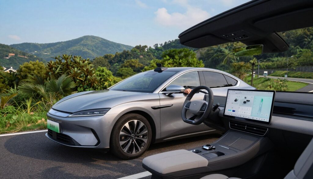 A modern sedan equipped with advanced driver assistance systems (ADAS) is parked on a scenic road surrounded by lush greenery. In the foreground, the car is shown in sharp focus, highlighting its sleek lines and high-tech features like sensors and cameras. The middle ground includes a driver in professional attire, attentively monitoring the car's dashboard displaying various safety alerts and navigation aids. The background features a picturesque landscape with rolling hills and a clear blue sky, creating a calm and serene atmosphere. Soft, natural lighting enhances the futuristic design of the vehicle while casting gentle shadows. The overall mood reflects innovation and safety, emphasizing the role of technological advancements in modern automobiles. A modern sedan equipped with advanced driver assistance systems (ADAS) is parked on a scenic road surrounded by lush greenery. In the foreground, the car is shown in sharp focus, highlighting its sleek lines and high-tech features like sensors and cameras. The middle ground includes a driver in professional attire, attentively monitoring the car's dashboard displaying various safety alerts and navigation aids. The background features a picturesque landscape with rolling hills and a clear blue sky, creating a calm and serene atmosphere. Soft, natural lighting enhances the futuristic design of the vehicle while casting gentle shadows. The overall mood reflects innovation and safety, emphasizing the role of technological advancements in modern automobiles.