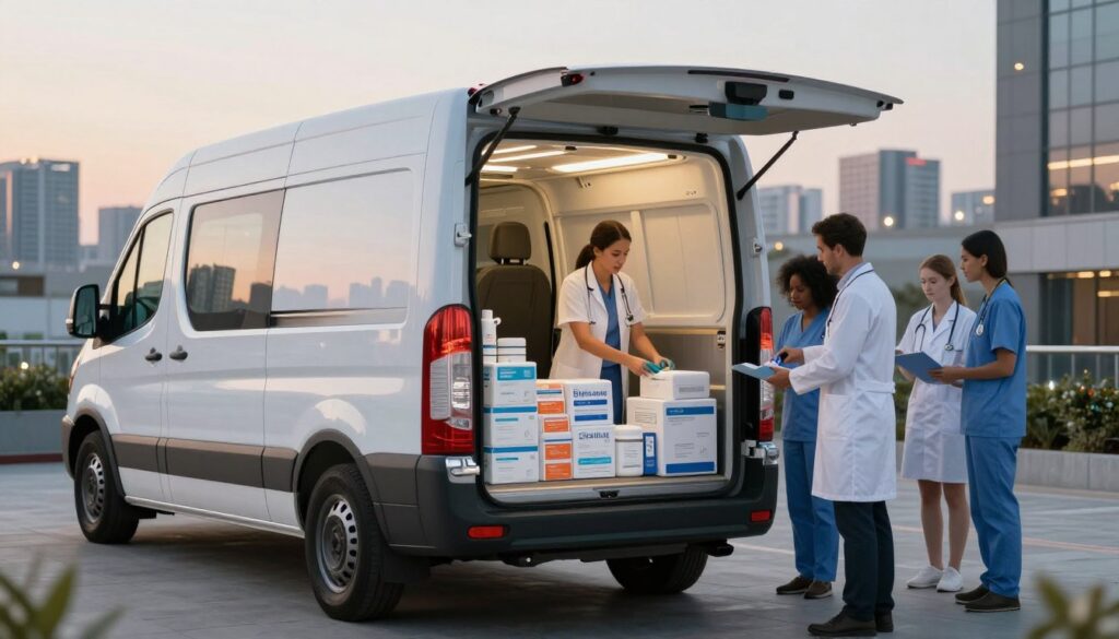 A modern, sleek delivery vehicle designed for transporting pharmaceuticals, parked in a well-lit urban area. In the foreground, showcase the vehicle's open back, revealing neatly organized medical supplies and packages of various sizes. The middle of the scene features a diverse group of healthcare professionals, including a woman in professional attire and a man in a lab coat, efficiently preparing for a delivery. In the background, capture a city skyline at dusk, with soft golden lights illuminating the scene. Highlight reflections on the vehicle's surface to simulate a calm evening atmosphere. Use natural lighting to enhance clarity and emphasize the importance of modern logistics in healthcare delivery. The mood is one of professionalism, efficiency, and innovation in medical transport.