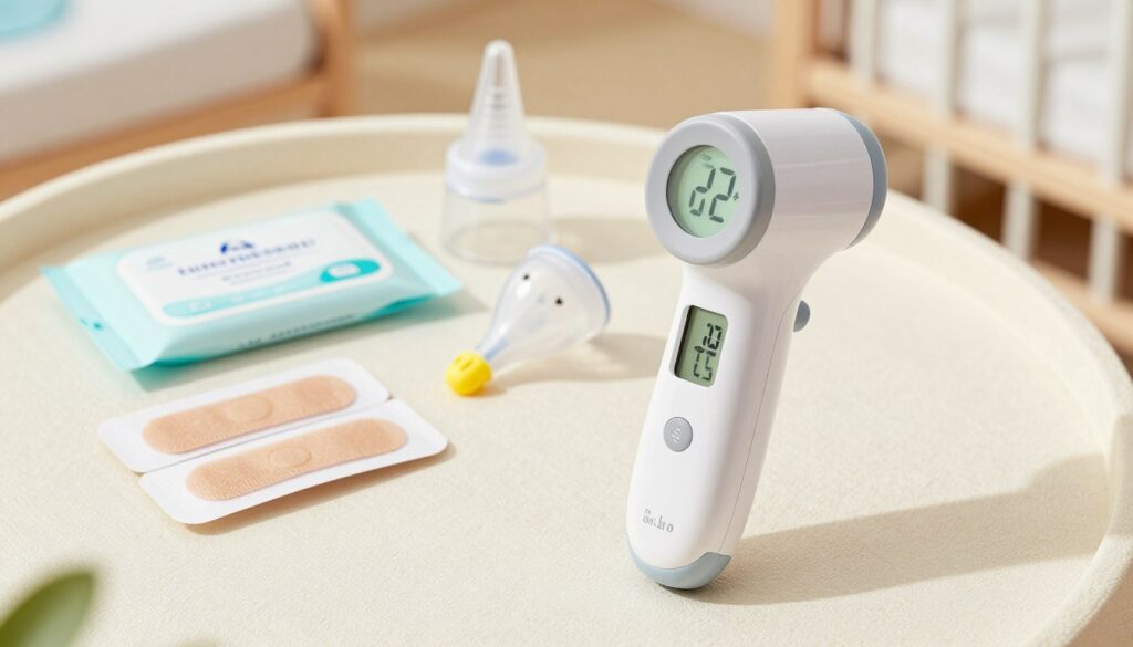 A modern, touchless forehead thermometer designed for newborn care, prominently placed in the foreground. The thermometer is sleek and user-friendly, with a digital display showcasing an accurate reading. In the middle ground, a neatly organized baby first-aid kit includes essentials like antiseptic wipes, band-aids, and a baby-safe nasal aspirator, all on a soft, pastel-colored cloth backdrop. The background features a softly blurred nursery setting, with warm lighting creating a calm and safe atmosphere. The scene is captured from an overhead angle, emphasizing the importance of safety and care for newborns, evoking a sense of trust and security in medical accessories for infants. The overall mood is serene and inviting, perfect for a newborn care article.