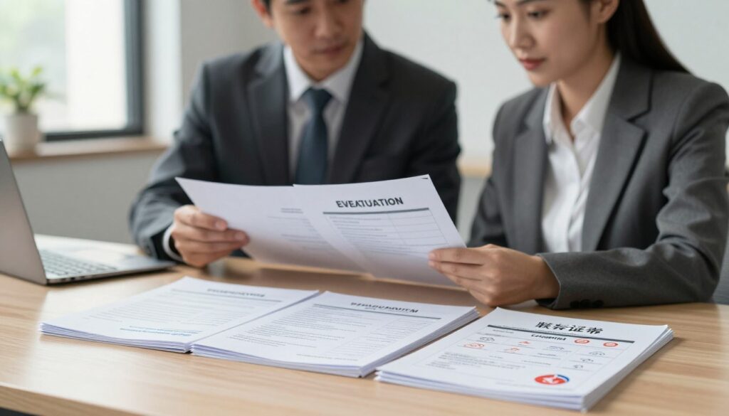 A neatly arranged table displaying essential evacuation documents in a professional setting. Foreground: a stack of official-looking evacuation plans and important certificates, featuring icons symbolizing safety and crisis management. Middle ground: a pair of professional individuals, one male and one female, dressed in business attire, reviewing the documents with focused expressions. Background: a calm office environment with soft, natural lighting coming through a window, casting gentle shadows. The atmosphere is serious yet hopeful, conveying readiness and assurance in crisis management. Use a shallow depth of field to emphasize the documents and people in the foreground, while keeping the background slightly blurred. A neatly arranged table displaying essential evacuation documents in a professional setting. Foreground: a stack of official-looking evacuation plans and important certificates, featuring icons symbolizing safety and crisis management. Middle ground: a pair of professional individuals, one male and one female, dressed in business attire, reviewing the documents with focused expressions. Background: a calm office environment with soft, natural lighting coming through a window, casting gentle shadows. The atmosphere is serious yet hopeful, conveying readiness and assurance in crisis management. Use a shallow depth of field to emphasize the documents and people in the foreground, while keeping the background slightly blurred.
