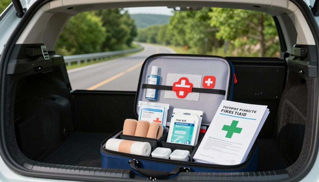A neatly organized car first aid kit placed prominently in the foreground, showcasing essential medical supplies like bandages, antiseptic wipes, and a first aid manual. The middle layer features an open car trunk with a sporty, modern vehicle, displaying a scenic backdrop of a winding road and vibrant green trees, suggesting a sense of adventure. Soft, natural lighting enhances the scene, casting gentle shadows and highlighting the texture of the supplies. The angle is slightly downward, emphasizing the practicality of the first aid kit as a crucial travel companion. The overall mood is reassuring and optimistic, conveying safety and preparedness for any journey, evoking a sense of security for travelers. A neatly organized car first aid kit placed prominently in the foreground, showcasing essential medical supplies like bandages, antiseptic wipes, and a first aid manual. The middle layer features an open car trunk with a sporty, modern vehicle, displaying a scenic backdrop of a winding road and vibrant green trees, suggesting a sense of adventure. Soft, natural lighting enhances the scene, casting gentle shadows and highlighting the texture of the supplies. The angle is slightly downward, emphasizing the practicality of the first aid kit as a crucial travel companion. The overall mood is reassuring and optimistic, conveying safety and preparedness for any journey, evoking a sense of security for travelers.