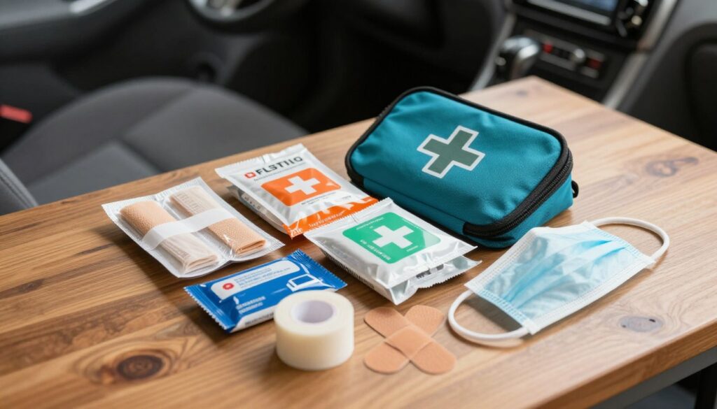 A neatly organized first aid kit displayed on a wooden table, its contents visible and arranged for easy identification. The kit should include essential items such as bandages, antiseptic wipes, scissors, adhesive tape, and a CPR mask, all clearly labeled and in vibrant colors. The background features a blurred car interior, subtly indicating the context of an automotive first aid kit. Warm, natural lighting enhances the colors of the items, creating a welcoming atmosphere. The camera angle should be slightly overhead, capturing the details of the kit and the surrounding environment. The overall mood is informative and professional, aimed at educating readers about the key elements of a ready-made first aid kit. A neatly organized first aid kit displayed on a wooden table, its contents visible and arranged for easy identification. The kit should include essential items such as bandages, antiseptic wipes, scissors, adhesive tape, and a CPR mask, all clearly labeled and in vibrant colors. The background features a blurred car interior, subtly indicating the context of an automotive first aid kit. Warm, natural lighting enhances the colors of the items, creating a welcoming atmosphere. The camera angle should be slightly overhead, capturing the details of the kit and the surrounding environment. The overall mood is informative and professional, aimed at educating readers about the key elements of a ready-made first aid kit.