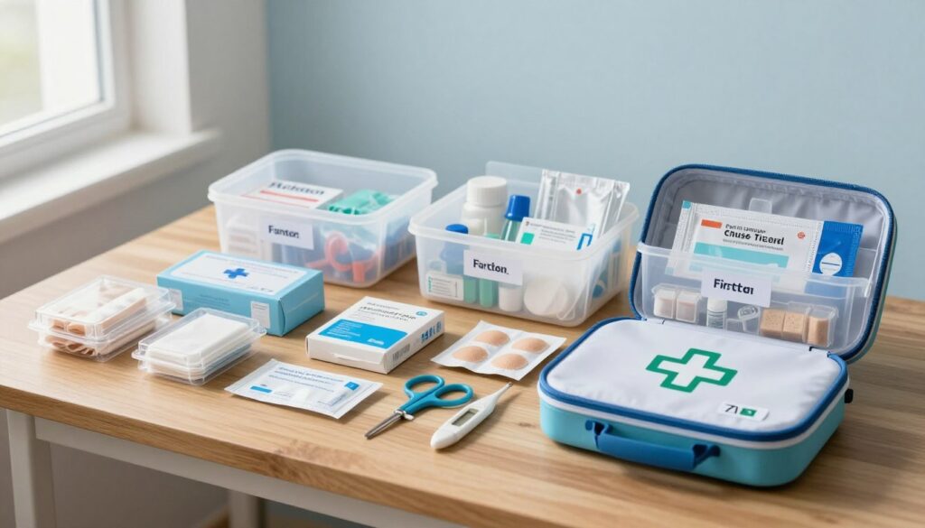 A neatly organized medical kit storage setup on a wooden table, featuring a diverse range of medical supplies, such as bandages, antiseptic wipes, scissors, and a digital thermometer, all meticulously labeled for easy access. The foreground includes a well-maintained first aid kit with its contents visibly arranged, illuminated by soft, natural light filtering through a nearby window. In the middle ground, a few additional storage boxes can be seen, each containing similar medical items, suggesting thorough preparedness. The background features a clean, minimalist wall with a calming color, enhancing the feeling of safety and order. The overall mood is professional and reassuring, ideal for illustrating safe storage and securing medical supplies.