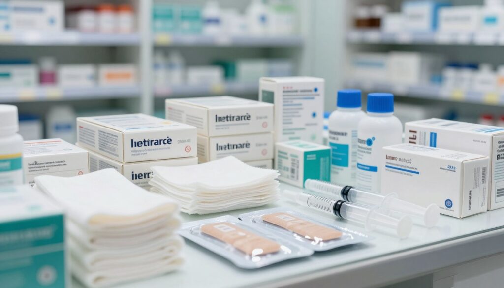 A neatly organized medical supply display featuring various sterile products such as bandages, gauze, and syringes. In the foreground, a close-up of a blister pack of sterile bandages, showcasing the packaging's clear labeling and design. In the middle, neatly arranged boxes of sterile gauze and antiseptics, emphasizing the importance of expiration dates. The background features a well-lit shelf with medical supplies, all set in a clean, modern pharmacy environment, enhancing a sense of order and professionalism. Soft, natural lighting highlights the cleanliness and sterility of the products, evoking a sense of reliability and trust. The atmosphere is calm and organized, perfect for a health-related context. A neatly organized medical supply display featuring various sterile products such as bandages, gauze, and syringes. In the foreground, a close-up of a blister pack of sterile bandages, showcasing the packaging's clear labeling and design. In the middle, neatly arranged boxes of sterile gauze and antiseptics, emphasizing the importance of expiration dates. The background features a well-lit shelf with medical supplies, all set in a clean, modern pharmacy environment, enhancing a sense of order and professionalism. Soft, natural lighting highlights the cleanliness and sterility of the products, evoking a sense of reliability and trust. The atmosphere is calm and organized, perfect for a health-related context.