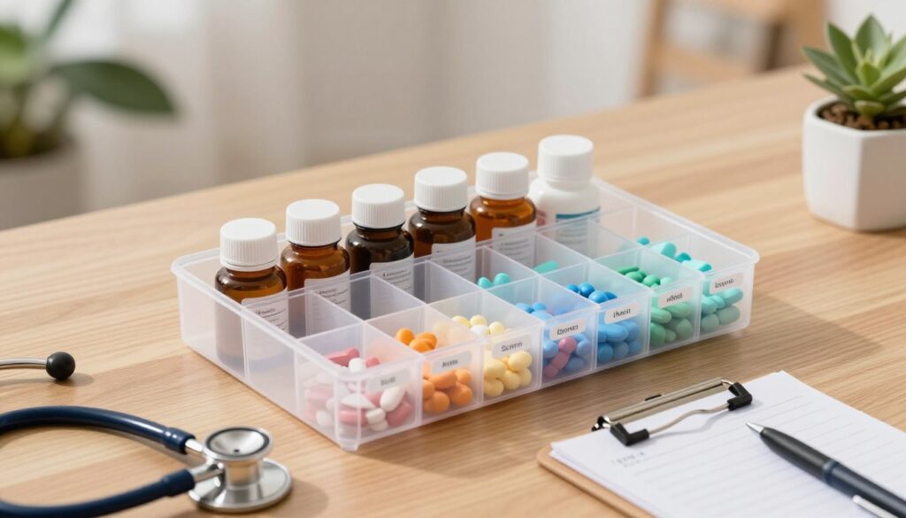A neatly organized medication organizer placed on a wooden table, showcasing various compartments filled with colorful pill bottles and labels. In the foreground, include items like a stethoscope and a notepad with a pen to suggest a home health care environment. The middle should focus on the well-arranged organizer, emphasizing transparency to highlight the contents, all in a soft, natural light that casts gentle shadows. In the background, create a faint blur of a cozy home setting, with soft pastel colors and houseplants, enhancing a feeling of safety and organization. The overall mood should evoke tranquility and order, ideal for promoting safe home medication storage. Use a slight overhead angle for a clear view of the organizer’s features. A neatly organized medication organizer placed on a wooden table, showcasing various compartments filled with colorful pill bottles and labels. In the foreground, include items like a stethoscope and a notepad with a pen to suggest a home health care environment. The middle should focus on the well-arranged organizer, emphasizing transparency to highlight the contents, all in a soft, natural light that casts gentle shadows. In the background, create a faint blur of a cozy home setting, with soft pastel colors and houseplants, enhancing a feeling of safety and organization. The overall mood should evoke tranquility and order, ideal for promoting safe home medication storage. Use a slight overhead angle for a clear view of the organizer’s features.