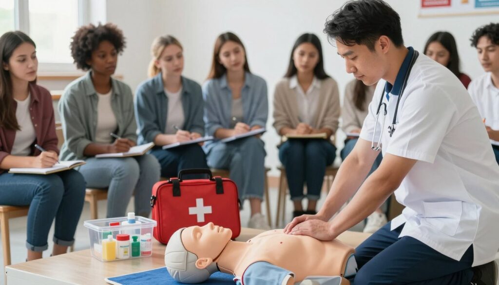A professional and informative scene illustrating key principles of emergency aid. In the foreground, a knowledgeable first aid instructor demonstrates CPR on a resuscitation dummy, wearing professional attire and focused on delivering clear instructions. In the middle, a diverse group of attentive learners, also dressed in modest casual clothing, are engaged and taking notes, showing expressions of concentration and determination. In the background, a well-organized first aid kit filled with essential supplies is prominently displayed, highlighting the importance of preparedness. The lighting is bright and natural, suggesting a classroom environment, with soft shadows that enhance the collaborative atmosphere of learning. The overall mood is serious yet encouraging, emphasizing the significance of lifesaving skills in emergency situations. A professional and informative scene illustrating key principles of emergency aid. In the foreground, a knowledgeable first aid instructor demonstrates CPR on a resuscitation dummy, wearing professional attire and focused on delivering clear instructions. In the middle, a diverse group of attentive learners, also dressed in modest casual clothing, are engaged and taking notes, showing expressions of concentration and determination. In the background, a well-organized first aid kit filled with essential supplies is prominently displayed, highlighting the importance of preparedness. The lighting is bright and natural, suggesting a classroom environment, with soft shadows that enhance the collaborative atmosphere of learning. The overall mood is serious yet encouraging, emphasizing the significance of lifesaving skills in emergency situations.