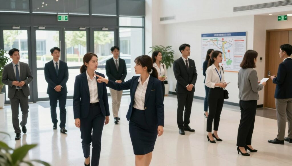 A professional and organized building lobby during an evacuation drill, filled with a diverse group of people in business attire, calmly following emergency procedures. In the foreground, a well-dressed woman pointing towards the nearest exit, showcasing clear communication and leadership. The middle ground features individuals walking towards exits, some looking at emergency exit signs, and a few observing a detailed evacuation map displayed on the wall. The background shows large glass doors with a clear view of a sunny day outside, enhancing the atmosphere of urgency yet calmness. Soft but bright lighting illuminates the scene, capturing a sense of preparedness and safety. The camera angle is slightly elevated, giving a wide view of the entire setting, conveying the importance of orderly evacuation in dynamic environments.