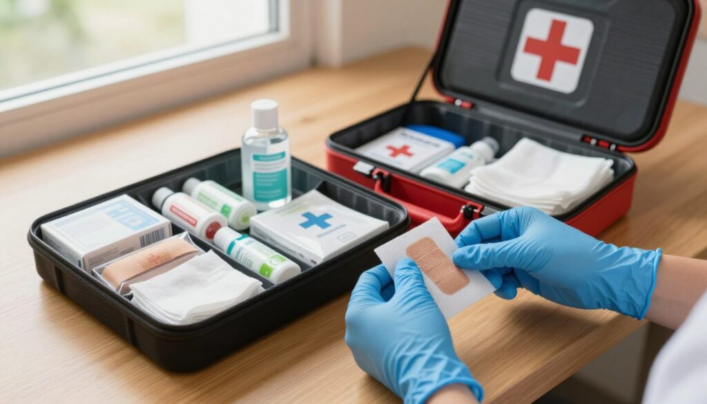A professional automotive first aid kit display on a wooden table, showcasing the organized replacement components, such as bandages, antiseptics, and gauze. In the foreground, a pair of hands, wearing blue latex gloves, carefully replace an old bandage with a new one, emphasizing the process of replenishment. In the middle, a neatly arranged first aid kit is partially opened, revealing its contents in detail, with each item labelled for clarity. The background features a soft, natural light coming from a nearby window, creating a warm atmosphere. The scene is shot from a slightly elevated angle, highlighting the act of exchange and the importance of maintaining safety in vehicles. The overall mood is professional yet approachable, encouraging drivers to ensure their kits are always up-to-date.