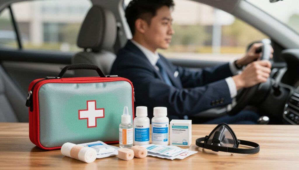 A professional car first aid kit displayed prominently in the foreground, featuring a neatly organized assortment of medical supplies such as bandages, antiseptics, and a CPR mask. The kit is set on a polished wooden table, symbolizing a serious and prepared approach to road safety. In the middle ground, a blurred image of a confident, professionally dressed driver inspecting the kit, showcasing attention to detail and readiness. The background includes a soft-focus interior of a modern car, emphasizing the practical use of the kit while suggesting a work environment. The lighting is warm and inviting, highlighting the professionalism and reliability of the first aid kit. The overall mood conveys preparedness and safety, appealing to discerning drivers. A professional car first aid kit displayed prominently in the foreground, featuring a neatly organized assortment of medical supplies such as bandages, antiseptics, and a CPR mask. The kit is set on a polished wooden table, symbolizing a serious and prepared approach to road safety. In the middle ground, a blurred image of a confident, professionally dressed driver inspecting the kit, showcasing attention to detail and readiness. The background includes a soft-focus interior of a modern car, emphasizing the practical use of the kit while suggesting a work environment. The lighting is warm and inviting, highlighting the professionalism and reliability of the first aid kit. The overall mood conveys preparedness and safety, appealing to discerning drivers.