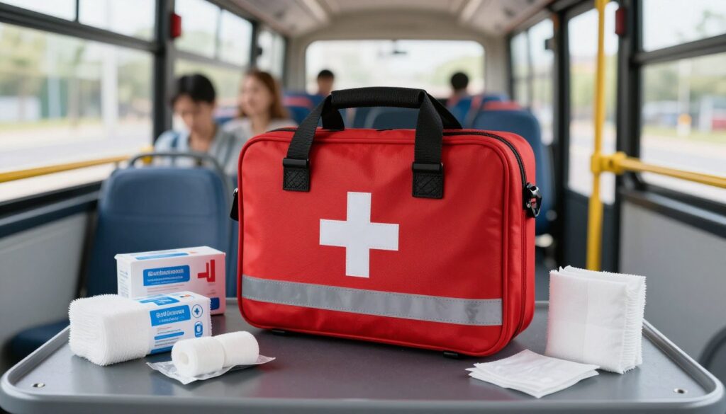 A professional first aid kit designed for bus transportation, prominently displayed in the foreground. The kit is sleek and red, featuring reflective materials, emergency symbols, and a secure buckle. Surrounding the kit are essential medical supplies such as bandages, antiseptic wipes, and gauze, neatly organized to show accessibility. The middle ground captures a sunny, well-lit bus interior, with an emphasis on its spaciousness and safety features. In the background, you can see a glimpse of passengers in modest casual clothing, highlighting a safe public transport environment. The overall atmosphere exudes preparedness and safety, with bright natural lighting enhancing the sense of trust and reliability in emergency care. The image should be crisply focused, with a slightly blurred background for depth.